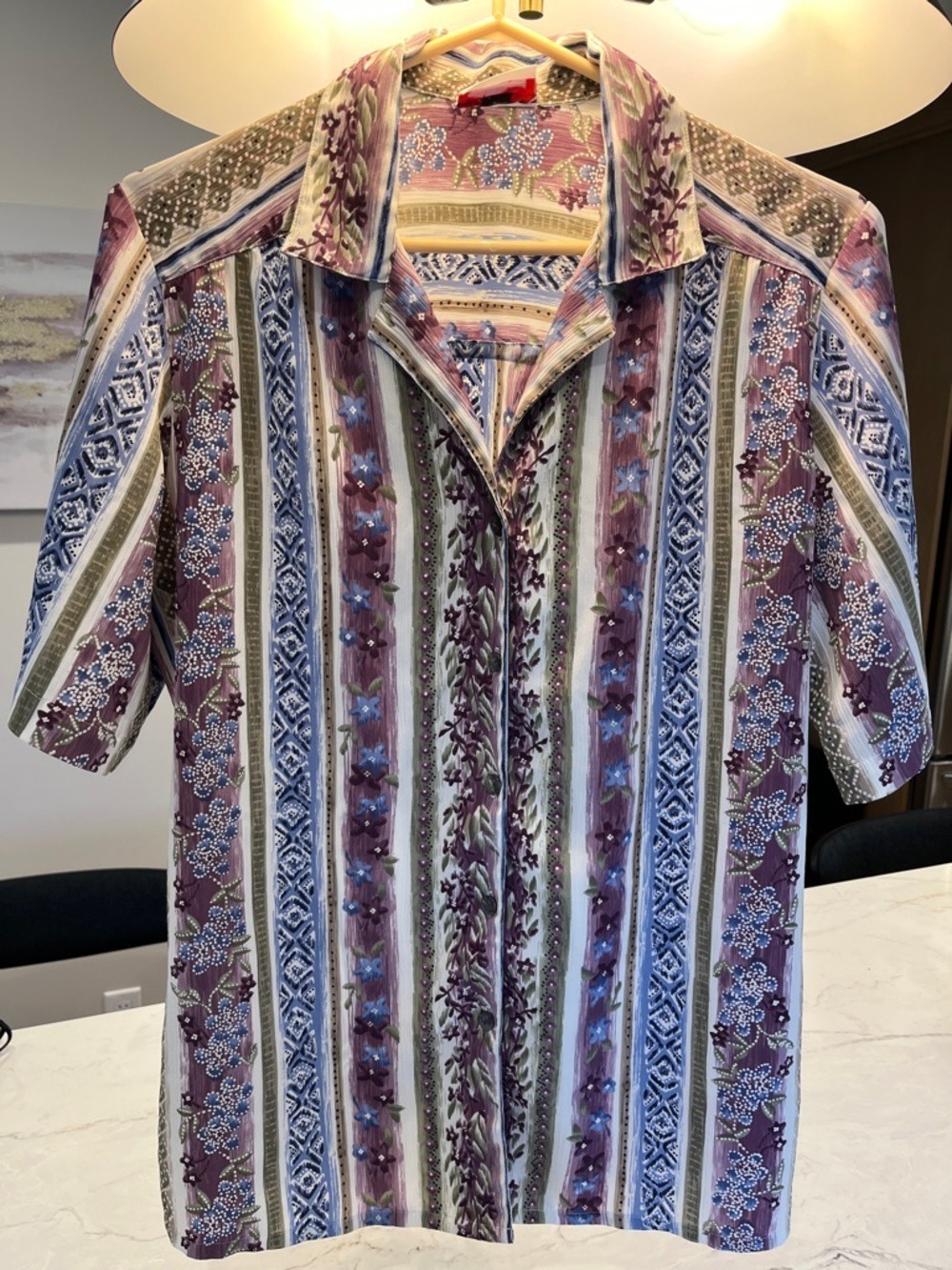 Vintage Alia Women's Short Sleeve Striped Floral Button-Up Blouse